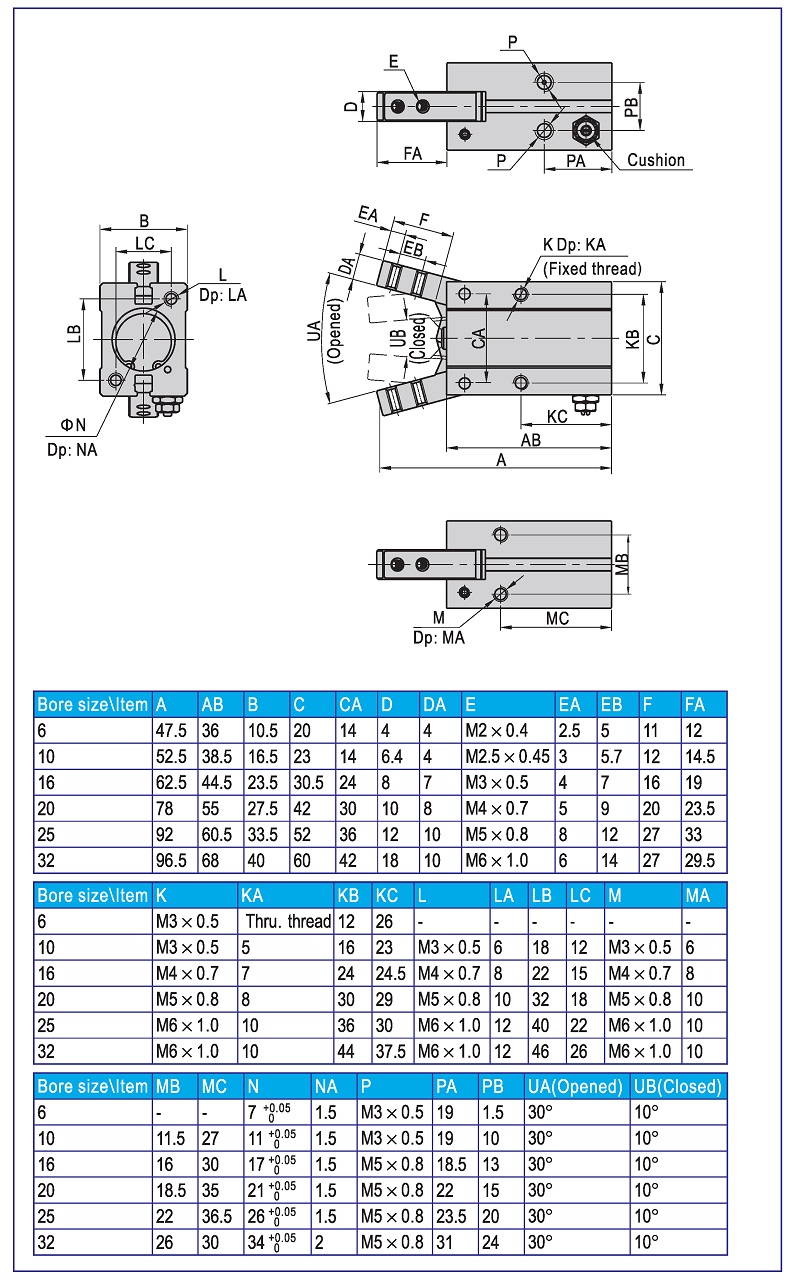 Air Gripper HFY Series Dimensions