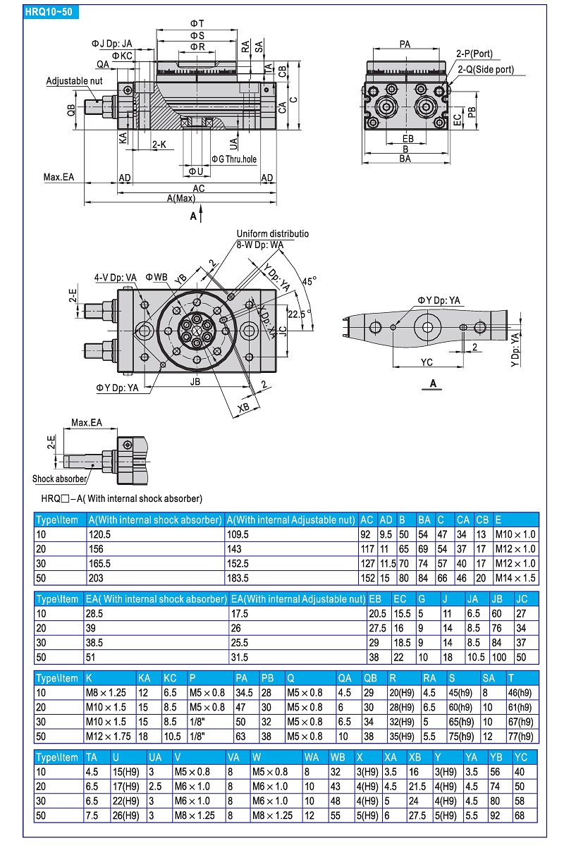 Pneumatic Rotary Cylinder HRQ Series 10-50 Dimension