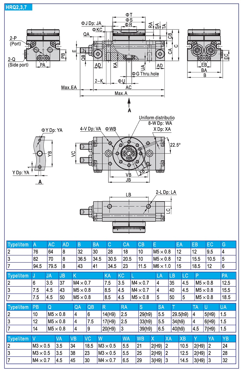 Pneumatic Rotary Cylinder HRQ Series 2-7 Dimension